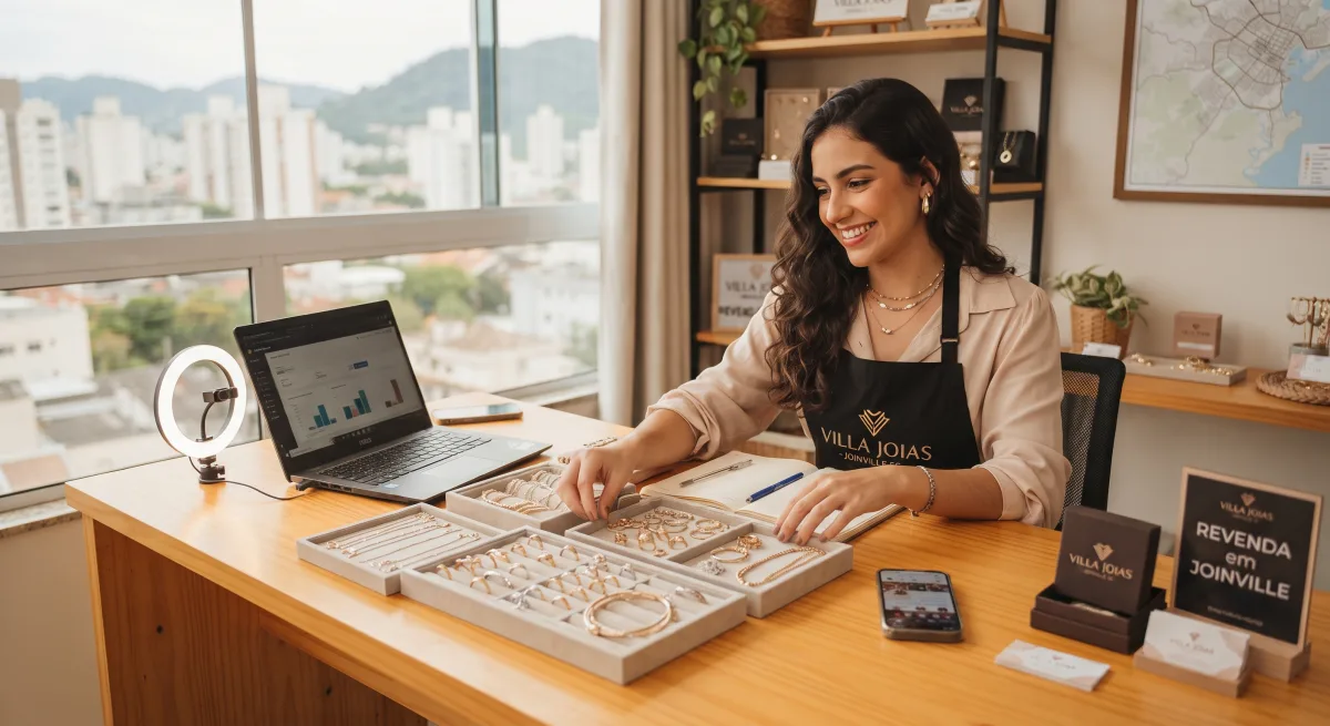 Mulher segurando caixa de semijoias folheadas em Joinville Santa Catarina