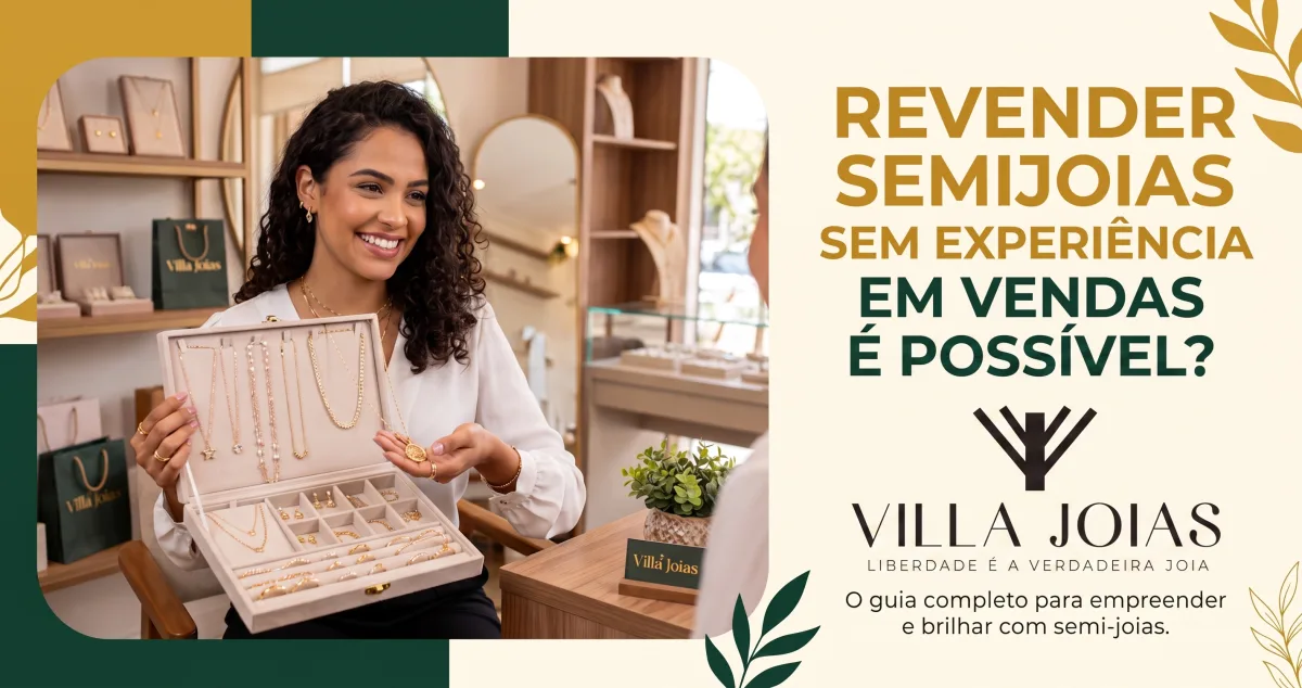 Mulher sorridente segurando catálogo de semijoias em casa, representando início como revendedora sem experiência prévia